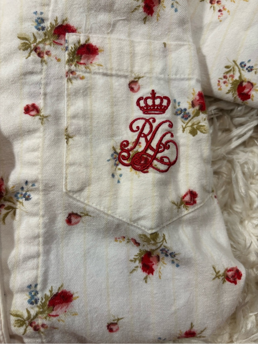 Ralph Lauren White Button-Up Pajama Set with Red Floral Embroidery-PM - Picture 6 of 11